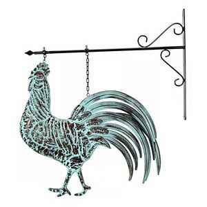 33.5 inch Verdigris Rooster Hanging Metal Wall Sculpture with Wall Bracket